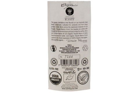 MEXICO TEQUILA BLANCO 100% DE AGAVE CERTIFIED ORGANIC "1" - 123 ORGANIC TEQUILA