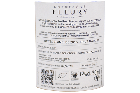 CHAMPAGNE BRUT NATURE 100% PINOT BLANC "NOTES BLANCHES" 2016 - FLEURY
