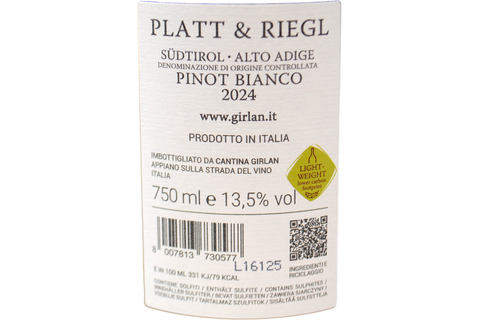 SÜDTIROL ALTO ADIGE DOC PINOT BIANCO "PLATT E RIEGL" 2024 - KELLEREI GIRLAN
