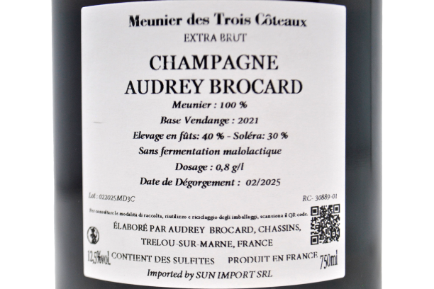 CHAMPAGNE BLANC DE NOIRS EXTRA BRUT "LE MEUNIER DES TROIS CÔTEAUX" BASE 2021 - AUDREY BROCARD
