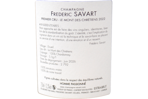 CHAMPAGNE ECUEIL PREMIER CRU BLANC DE BLANCS EXTRA BRUT "LE MONT DES CHRÉTIENS" 2022 - FREDERIC SAVART