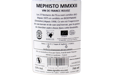 VIN DE FRANCE ROUGE "MEPHISTO" 2022 - DOMAINE DE L’ÉCU – FRED E CLAIRE NIGER