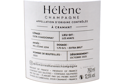 CHAMPAGNE BLANC DE BLANCS AVIZE GRAND CRU MILLÉSIME LIEU-DIT "LES AVATS VIEILLES VIGNES" 2014 - DOMAINE D'HÉLÈNE