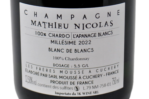 CHAMPAGNE EXTRA BRUT BLANC DE BLANCS "L'APANAGE" 2022 - CHAMPAGNE MATHIEU NICOLAS