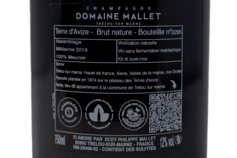 CHAMPAGNE PARCELLAIRE BRUT NATURE 100% MEUNIER "TERRE D'AVIZE" 2019 - DOMAINE MALLET