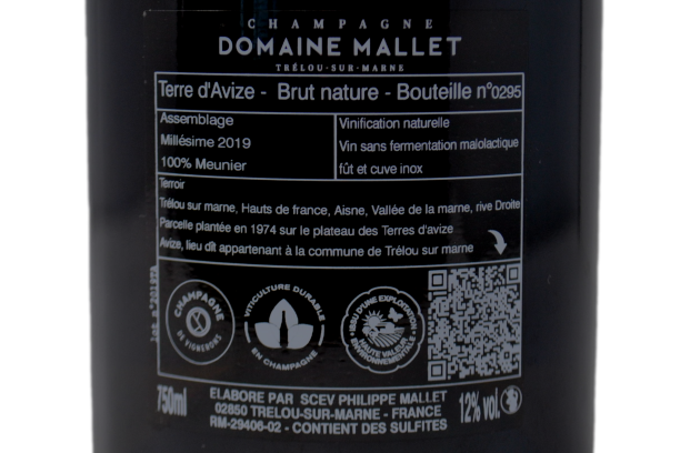 CHAMPAGNE PARCELLAIRE BRUT NATURE 100% MEUNIER "TERRE D'AVIZE" 2019 - DOMAINE MALLET