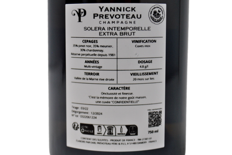 CHAMPAGNE EXTRA BRUT SOLERA "INTEMPORELLE" RESERVE PERPETUELLE DEPUIS 1981 - YANNICK PREVOTEAU