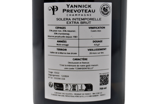 CHAMPAGNE EXTRA BRUT SOLERA "INTEMPORELLE" RESERVE PERPETUELLE DEPUIS 1981 - YANNICK PREVOTEAU