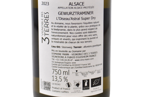 ALSACE GEWURZTRAMINER SUPER DRY BIODINAMICO "L'OISEAU'ASTRAL" 2023 - DOMAINE MANN