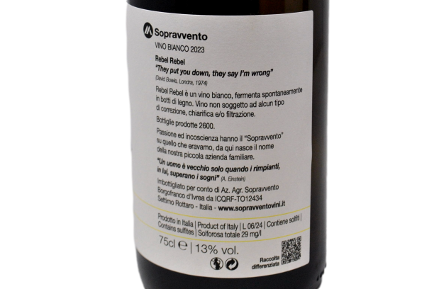 VINO BIANCO "REBEL REBEL" 2023 - SOPRAVVENTO (2600 Bottiglie Prodotte)