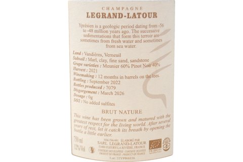 CHAMPAGNE BIO BLANC DE NOIRS BRUT NATURE "YPRÉSIEN" 2021 - LEGRAND-LATOUR