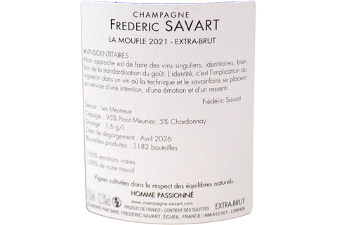 CHAMPAGNE EXTRA BRUT LES MESNEUX PREMIER CRU LIEU-DIT "LA MOUFLE" 2021 - FREDERIC SAVART