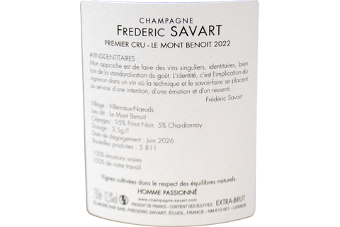 CHAMPAGNE EXTRA BRUT PREMIER CRU VILLERS-AUX-NOEUDS "LE MONT BENOIT" 2022 - FREDERIC SAVART