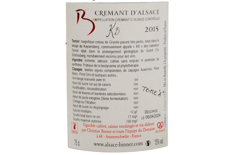 CREMANT D'ALSACE ZERO DOSAGE "KB" 2015 - DOMAINE CHRISTIAN BINNER
