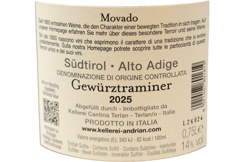 ALTO ADIGE DOC GEWURZTRAMINER "MOVADO" 2025 - KELLEREI ANDRIAN