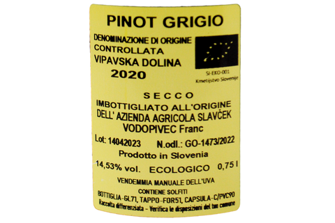 SLOVENIA PINOT GRIGIO BIO "SIVI VIPAVSKA DOLINA" 2020 - SLAVČEK