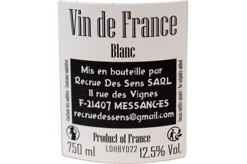 VIN DE FRANCE BLANC "DH" 2022 - YANN DURIEUX RECRUE DES SENS