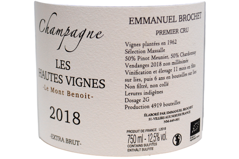 CHAMPAGNE EXTRA BRUT PREMIER CRU BIOLOGICO "LES HAUTES VIGNES - LE MONT BENOIT" 2018 - EMMANUEL BROCHET