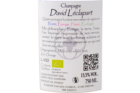 CHAMPAGNE PREMIER CRU À TRÉPAIL PAS DOSÉ BLANC DE BLANCS BIO "L'ARTISTE" L.V22 - DAVID LÉCLAPART