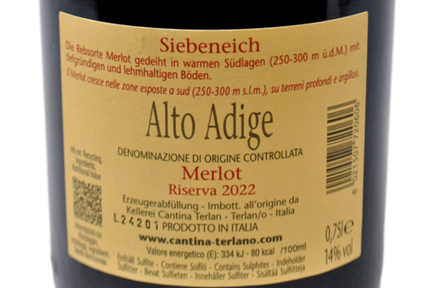 ALTO ADIGE MERLOT DOC "SIEBENEICH" RISERVA 2022 - KELLEREI TERLAN