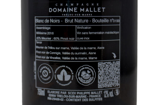 CHAMPAGNE PARCELLAIRE BRUT NATURE BLANC DE NOIRS 2016 - DOMAINE MALLET