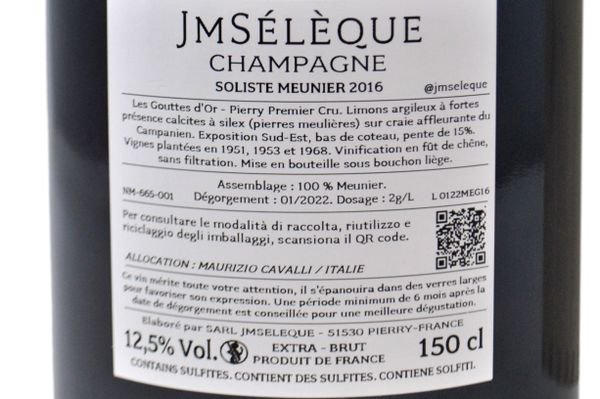 CHAMPAGNE PIERRY PREMIER CRU LES GOUTTES D'OR BLANC DE NOIRS EXTRA BRUT "SOLISTE MEUNIER" 2016 MAGNUM CASSA LEGNO (100 MAGNUM PRODOTTI) - J-M SÉLÈQUE