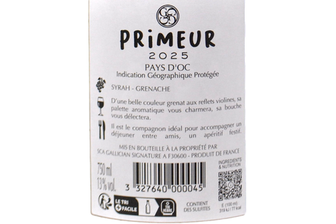 PAYS D'OC IGP SYRAH E GRENACHE "PRIMEUR" 2025 - GALLICIAN SIGNATURE