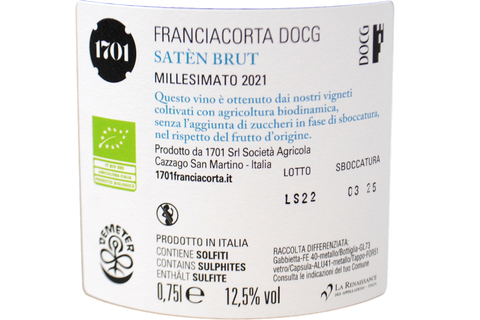 FRANCIACORTA DOCG BRUT SATÈN BIO 2021 - 1701 SOCIETÀ AGRICOLA