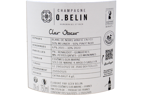 CHAMPAGNE BLANC DE NOIRS EXTRA BRUT VINIFIÉ EN FÜT "CLAIR OBSCUR" - O. BELIN