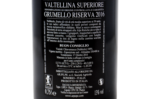 VALTELLINA SUPERIORE DOCG NEBBIOLO GRUMELLO RISERVA "BUON CONSIGLIO" 2016 - ARPEPE