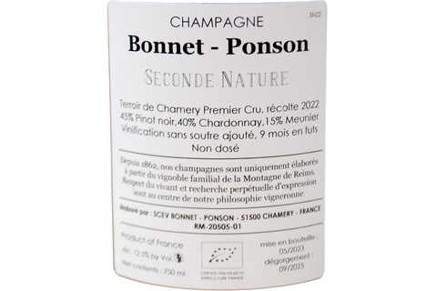 CHAMPAGNE CHAMERY PREMIER CRU NON DOSÉ "SECONDE NATURE" - BONNET-PONSON