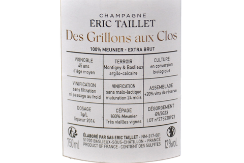 CHAMPAGNE BLANC DE MEUNIER EXTRA BRUT VIEILLES VIGNES "DES GRILLONS AUX CLOS" - ÉRIC TAILLET