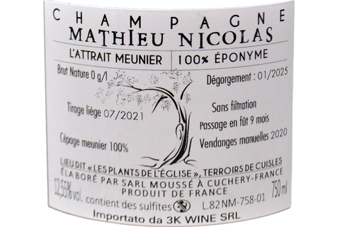 CHAMPAGNE BRUT NATURE BLANC DE NOIRS 100% MEUNIER "L'ATTRAIT" - CHAMPAGNE MATHIEU NICOLAS