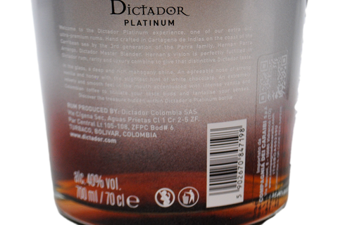 COLOMBIAN AGED RUM "78 PT - PLATINUM 195.084" - DICTADOR COLOMBIA
