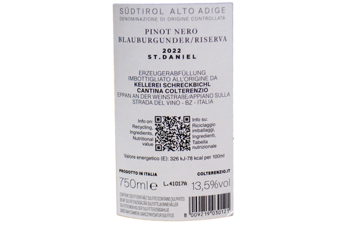 PINOT NOIR DU TYROL DU SUD DOC BLAUBURGUNDER 2019 - COLTERENZIO