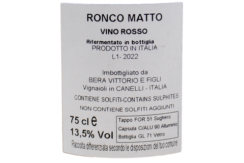 VINO ROSSO "RONCO MATTO" 2022 - BERA VITTORIO E FIGLI