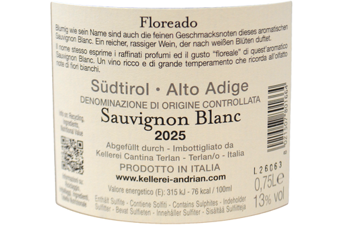 TYROL DU SUD DOC SAUVIGNON BLANC "FLOREADO" 2020 - KELLEREI ANDRIAN