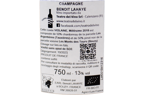 CHAMPAGNE BRUT NATURE A BOUZY "VIOLAINE" 2018  - BENOIT LAHAYE
