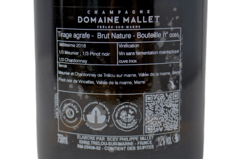 CHAMPAGNE BRUT NATURE LEGATO A MANO 2018 (BOTTIGLIE NUMERATE) - DOMAINE MALLET