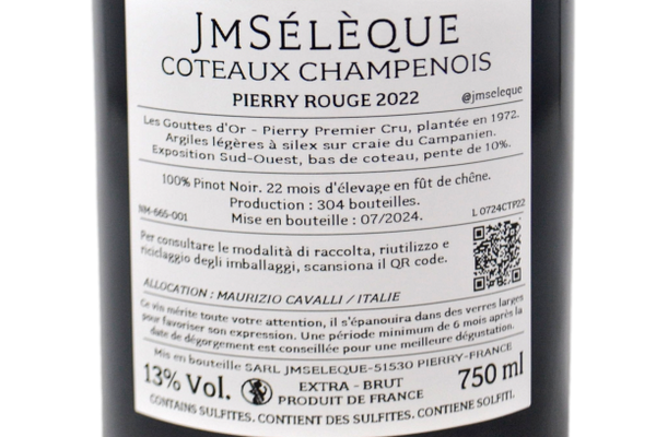 COTEAUX CHAMPENOIS PIERRY ROUGE PREMIER CRU "LES GOUTTES D'OR" 2022 (304 BOTTIGLIE PRODOTTE) - J-M SÉLÈQUE