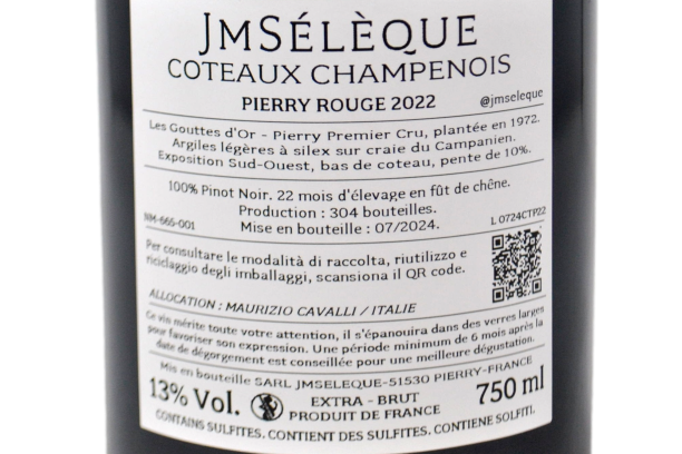 COTEAUX CHAMPENOIS PIERRY ROUGE PREMIER CRU "LES GOUTTES D'OR" 2022 (304 BOTTIGLIE PRODOTTE) - J-M SÉLÈQUE