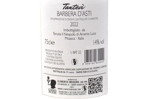 BARBERA D'ASTI DOCG "TANTEVÌ" 2022 - TENUTA IL NESPOLO