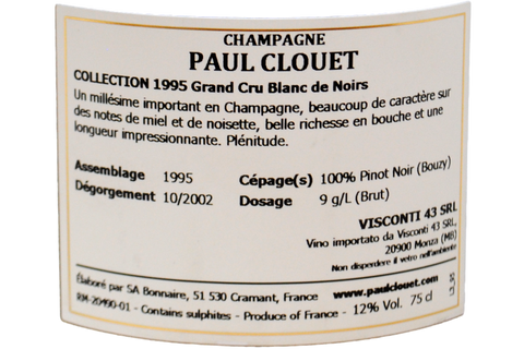 CHAMPAGNE BRUT GRAND CRU A BOUZY BLANC DE NOIRS 1995 (DEGORGEMENT 10/2002) - PAUL CLOUET