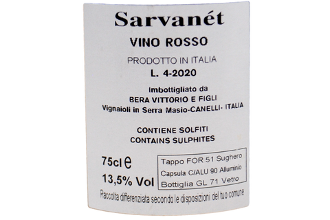 VINO ROSSO "SARVANET" 2020 - BERA VITTORIO E FIGLI