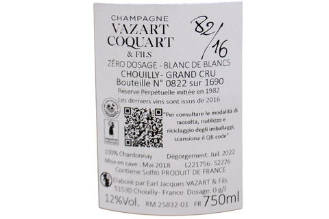 CHAMPAGNE CHOUILLY GRAND CRU ZERO DOSAGE BLANC DE BLANCS "82/16 SOLERA" - VAZART COQUART (BOTTIGLIE NUMERATE - 1690 ESEMPLARI)
