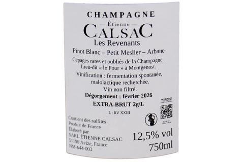 CHAMPAGNE EXTRA BRUT PINOT BLANC, PETIT MESLIER, ARBANNE "LES REVENANTS" - ÉTIENNE CALSAC