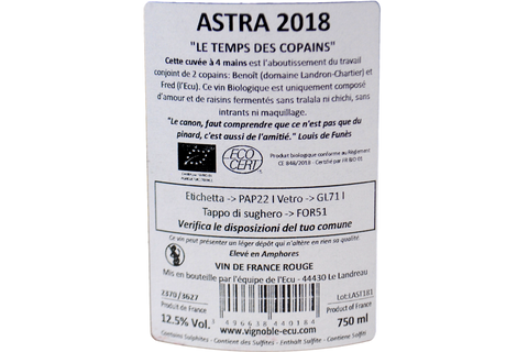 VIN DE FRANCE ROUGE "ASTRA - LE TEMPS DES COPAINS" 2018 - DOMAINE DE L’ÉCU – FRED E CLAIRE NIGER