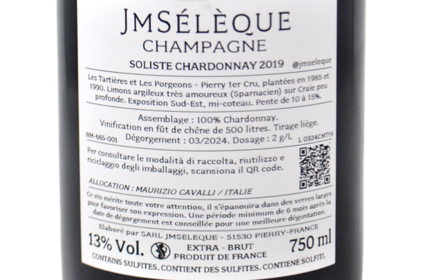 CHAMPAGNE PIERRY PREMIER CRU BLANC DE BLANCS LES TARTIÈRES ET LES PORGEONS "SOLISTE CHARDONNAY" 2019 - J-M SÉLÈQUE