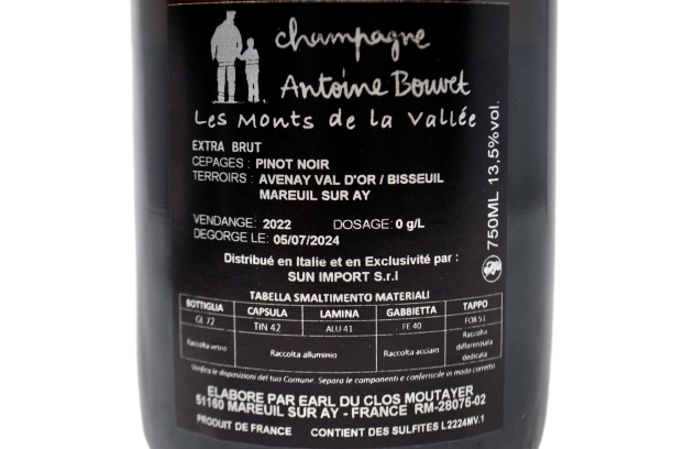 CHAMPAGNE BLANC DE NOIRS ZERO DOSAGE "LES MONTS DE LA VALLÉE" BASE 2022 - ANTOINE BOUVET