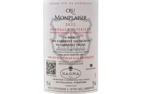BORDEAUX SUPERIEUR 2022 "CRU MONPLAISIR" - JULIE GONET MÉDEVILLE